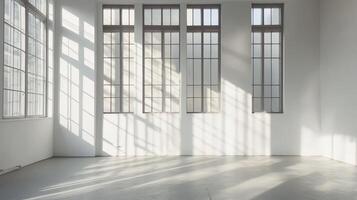 Bright sunlit room with large windows casting shadows on white walls photo