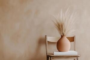 Beige vase with dry pampas grass on wooden chair against neutral background photo