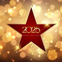 Happy New Year background with red star on gold bokeh lights design vector
