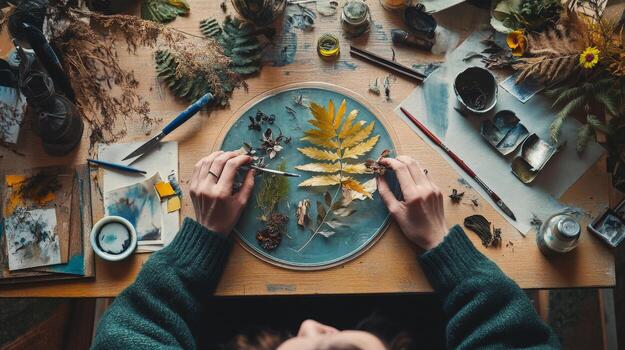 Creative leaf arrangement in artistic workspace with tools and natural elements photo