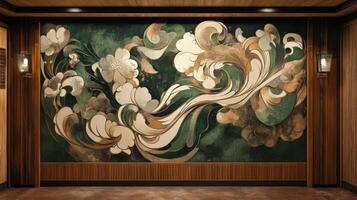 Elegant abstract floral mural with swirling patterns in wood-framed room photo