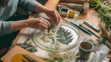 Female adult crafting with pressed leaves and watercolors at art studio photo