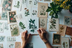 Female hands arranging vintage botanical illustrations on table with greenery and flowers photo