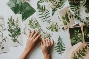 Hands arranging botanical prints on white surface with various green leaf illustrations photo