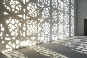 Intricate geometric shadows cast on sunlit wall in minimalist space photo