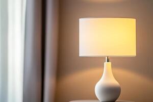 Modern white table lamp with soft glow in cozy living room setting photo