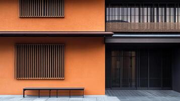 Modern minimalist orange building with wooden accents and black details photo