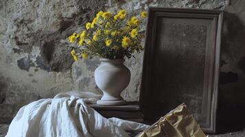 Rustic still life with yellow flowers in vase and antique frame photo