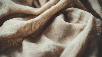 Soft texture of beige linen fabric with gentle folds and creases photo