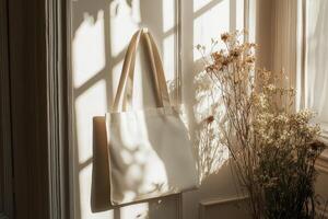 Sunlit beige tote bag hanging by dried flowers on wall photo