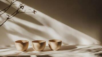 Three wooden bowls in soft sunlight with delicate shadows on a minimalist surface photo