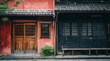 Traditional japanese architecture with colorful facade and wooden doors photo