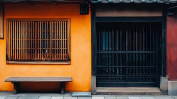 Traditional japanese architecture with orange wall and wooden benches photo