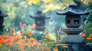 Tranquil japanese garden with stone lanterns and colorful flowers in bloom photo