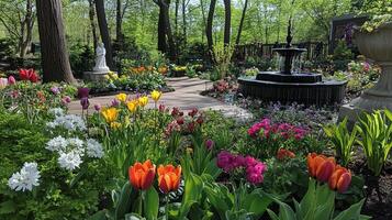 Vibrant spring garden with colorful tulips and elegant fountain photo