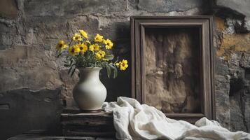 Vintage still life with yellow flowers in vase and empty wooden frame photo
