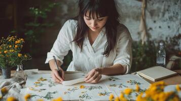 Young asian female botanist documenting floral specimens in a rustic workspace photo