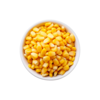 Top view of corn seed in a white bowl on transparent background png