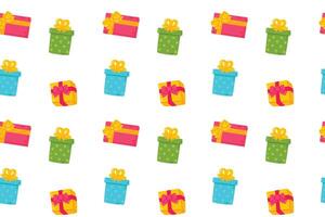 Seamless pattern of colorful gift boxes with bows on a white background, festive design vector