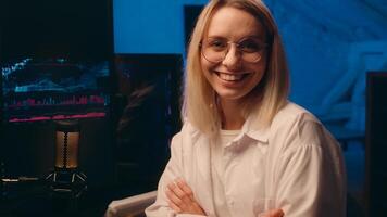 Female programmer coder Caucasian woman investor night late computer work at home smiling happy girl lady businesswoman business stock market trader crypto currency bitcoin charts web trading online photo