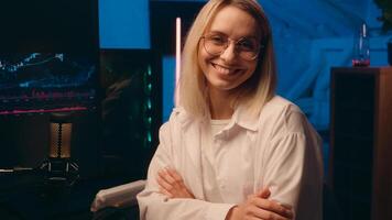Female programmer coder Caucasian woman investor night late computer work at home smiling happy girl lady businesswoman business stock market trader crypto currency bitcoin charts web trading online photo