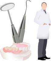 A dentist is standing next to a toothbrush and a tooth vector