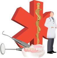 A doctor is standing next to a red star and a medical device vector