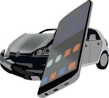 A car is shown with a broken windshield and a phone vector