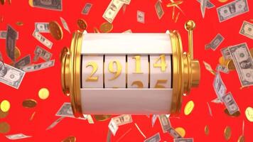a ranhura máquina é fiação para a número 2025 com uma nota de banco dentro a fundo, contagem regressiva número 2025 video