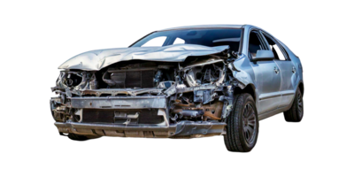 A wrecked car with a damaged front end isolated on a white background with full depth of field png