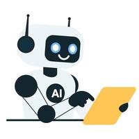 Smiling robot chat with tablet on isolated white background vector