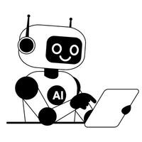 Line illustration smiling robot chat with tablet on isolated white background vector