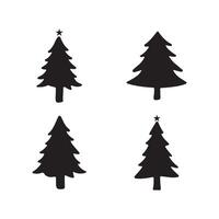 The image shows black silhouettes of Christmas trees in different styles. Each tree design is distinct, showcasing varying shapes and arrangements of branches. vector