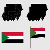 Set of maps, flag and flagpole of Sudan. illustration. vector