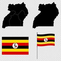 Set of maps, flag and flagpole of Uganda. illustration. vector