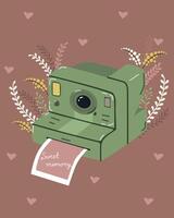An old camera with a paper and flowers vector
