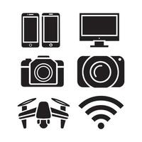 a illustration of an black filled icons for technology, including a smartphone, computer, camera, drone, and Wi-Fi signal symbol vector