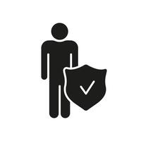 Man with Shield and Check Mark Silhouette Icon. Immunity, Security and Personal Health Protection. Isolated Illustration vector