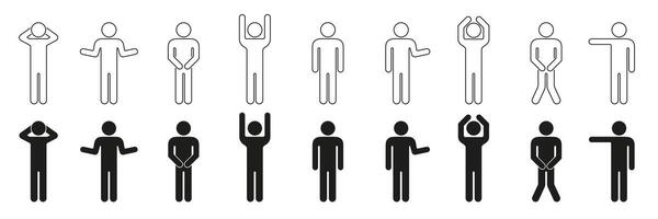 Set of Human Figure Icons in Filled and Outline Styles. Stick Figure Gesture Poses and Expression Line and Solid Collection. Editable Stroke. Isolated Illustration vector