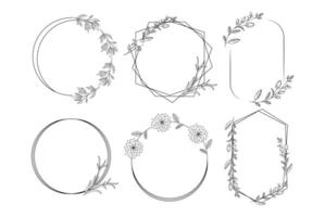 Frame template for decorating invitation cards. Collection of trendy hand drawn flowers. Minimalistic herbal botanical set of border. Line art. Silhouette. Elements and shapes. Cut out. vector