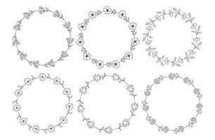 Minimalistic herbal botanical set of border. Collection of trendy hand drawn flowers. Frame for design. Single line art. clip art. Silhouette. Elements. Cut out. Circles, petal, stem, branch. Wedding vector