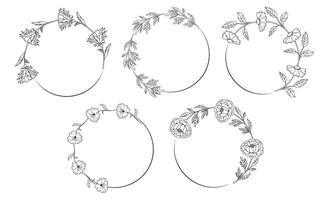 Frame and border. Minimalistic herbal botanical set of circles. Collection of trendy hand drawn flowers. Single line art. clip art. Silhouette. Elements. Cut out. Speech bubbles. . Background vector