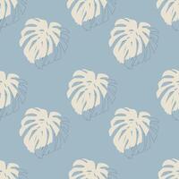 Pattern of Monstera leaves in beige color and leaf outline, textile soft blue pastel background. vector
