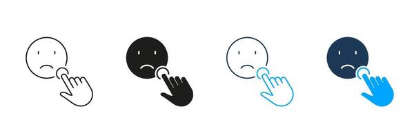 Negative Feedback Line and Silhouette Icon Set. Customer Satisfaction Concept. Cursor Click On Sad Face Emoticon Pictogram. Editable Stroke. Isolated Illustration vector