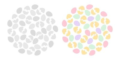 Eggs and cracked eggshell Circle Background texture in grayscale and trendy soft shades. Ester fond. Isolated illustration Thematic card, leaflet, posters, price tag, label or web promo banner vector