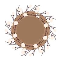 Blooming sprigs empty birds nest in trendy soft shades. Spring design element. Copy space template. Isolated illustration Thematic cards, posting, blog or web promo, leaflets, banner, price tag vector