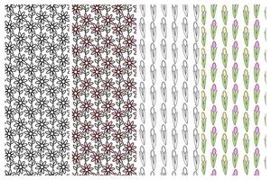 Outline and colorful Abstract Chamomile and Tulips Seamless patterns Set 4 Spring background Texture. Isolated illustration Wrapping or web, posters, banners, cards, price tags, labels, booklet vector
