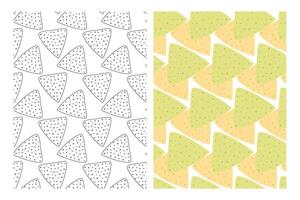 Outline, corn and spinach nachos Seamless patterns Set 2 Mexican Fast Food wallpaper background idea. Isolated illustration Backdrop, wrapping or thematic card, leaflet, tag or web promo banner vector