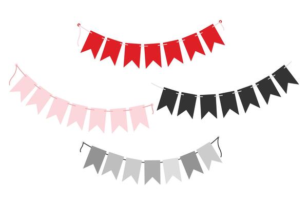 Festive Pennant garlands on string in trendy red, pink and grayscale. Set 4 greeting design elements. Isolated illustration Thematic cards, posting, blog or web promo, banner, labels, price tag