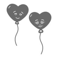 Heart shaped balloons on rope with drawn smiley. Cute characters in grayscale Black Day element idea. Isolated illustration Thematic cards, posting, blog or web promo, leaflet, price tag, label vector